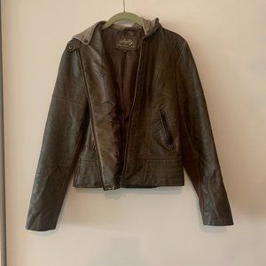Vegan leather brown jacket with detachable hood